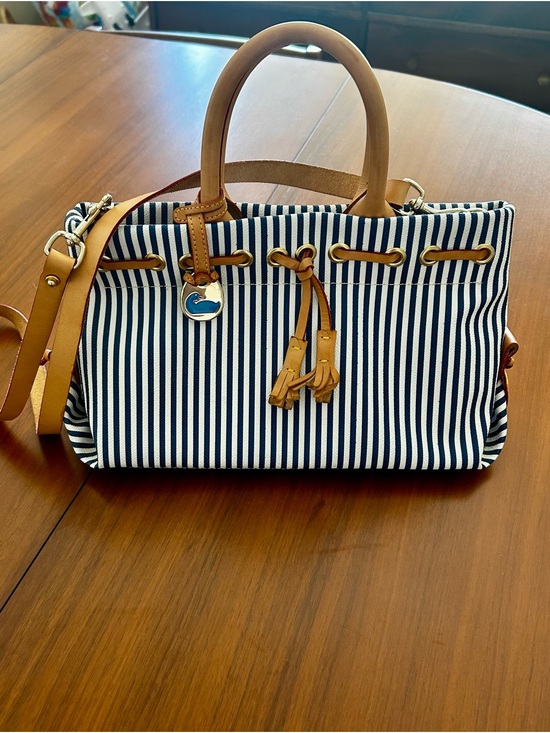 Dooney & Bourke Handbags - Dooney & Bourke Vintage Striped Navy and White Canvas Tote with Tan Leather Trim